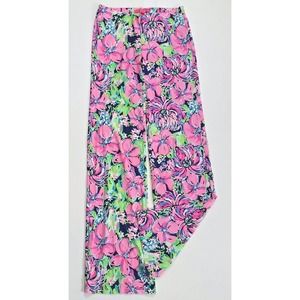Lilly Pulitzer Palazzo Pants Womens Size XXS Floral Pink Navy Flare Leg Pull On